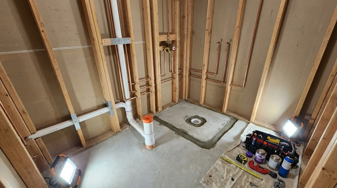 Bathroom rough-in plumbing during remodel by Johns Plumbing LLC in Keego Harbor