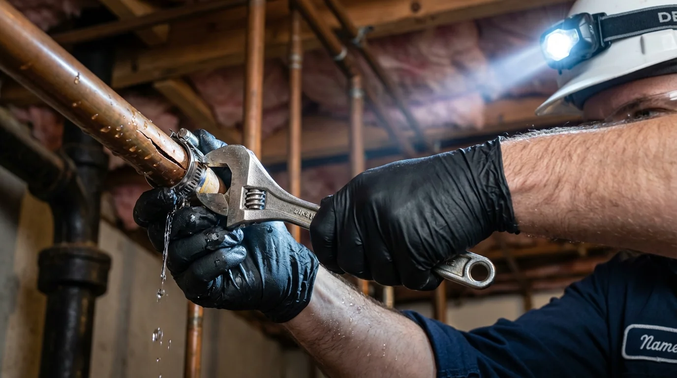 Emergency pipe clamp repair being performed by a Johns Plumbing LLC plumber in Keego Harbor