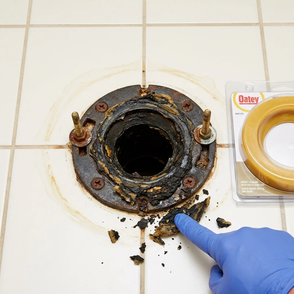 Failed wax ring showing water seepage at the base of a toilet in a Keego Harbor, MI home