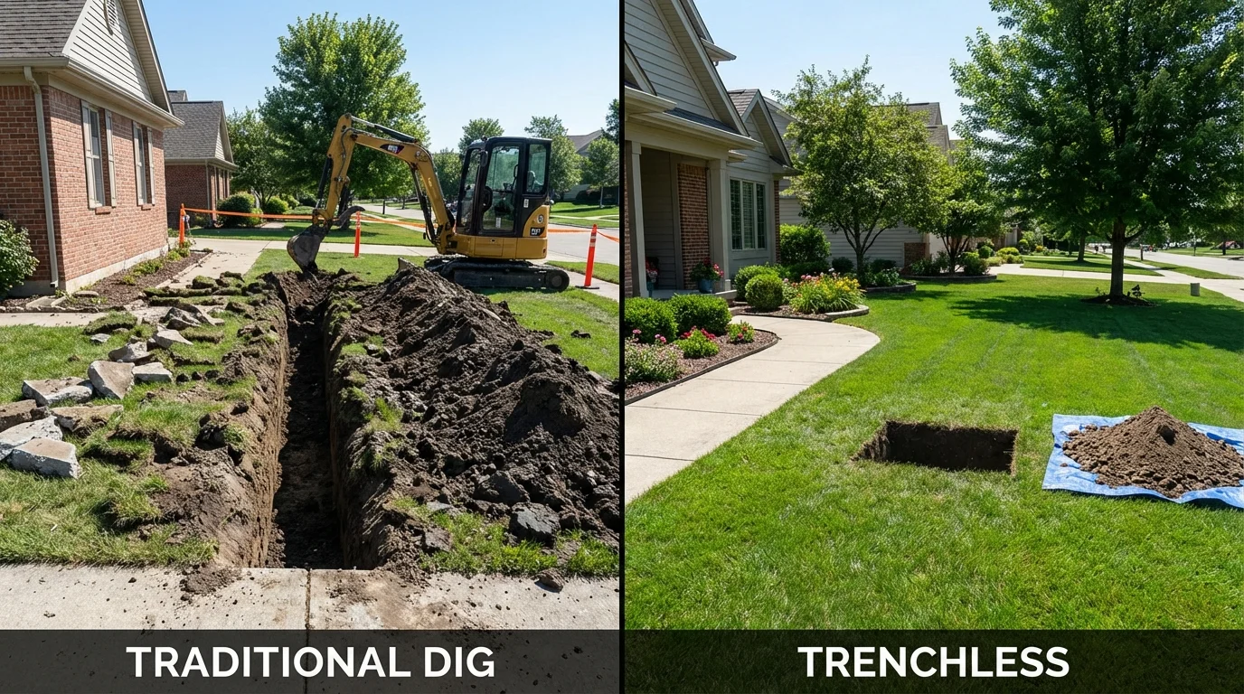 Trenchless sewer repair with minimal yard damage versus traditional excavation in Keego Harbor, MI