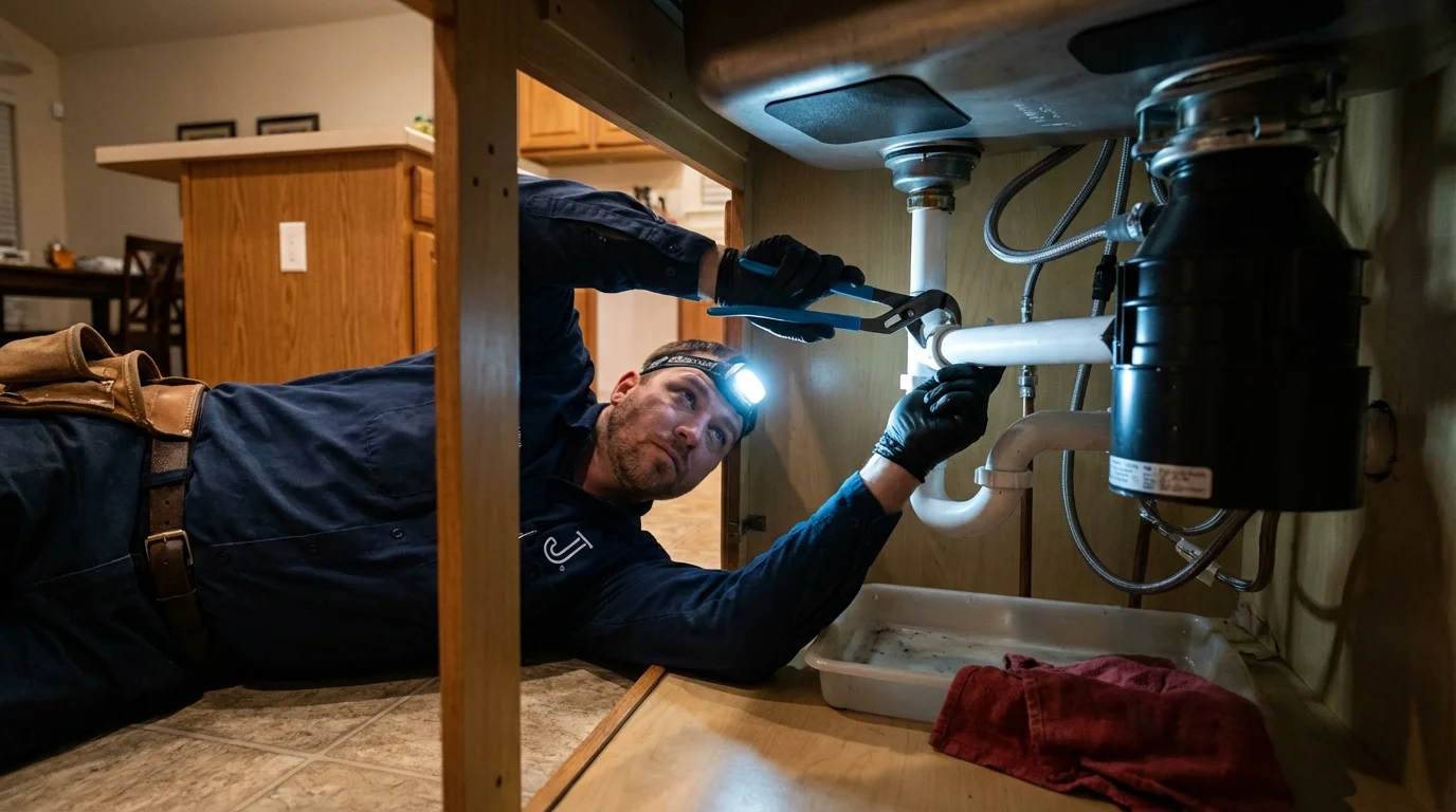 P-trap and supply line connections under a kitchen sink showing a common leak point in Keego Harbor, MI